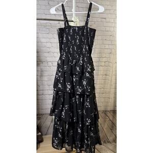 Mimi Chica Smoked Tiered Ruffle Midi Dress Black Floral Women’s S